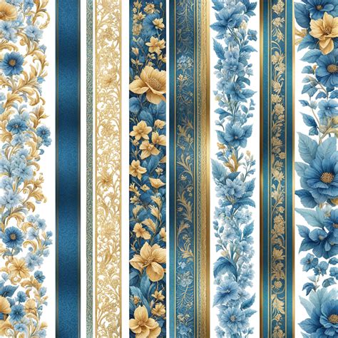 Collection Of Sea Blue And Gold Strips Of Floral Vintage Lac By Ewa