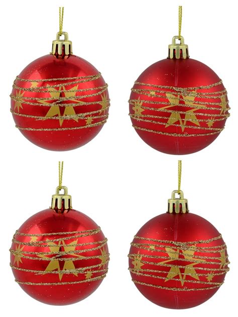 Red Shiny And Matte Baubles With Gold Stars And Glitter Stripes Design 6