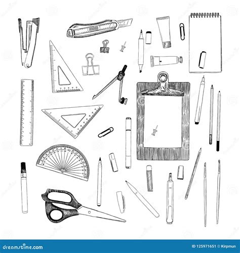 Set Of Stationary Hand Draw Element Sketch Vector Work Place Stock