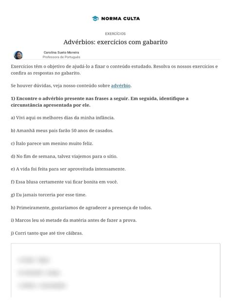 Advérbios - Exercícios Com Gabarito - Norma Culta | PDF | Advérbio