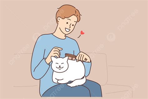 Happy Man Brushing Cute Cat Cheerful Guy Happy Vector Cheerful Guy