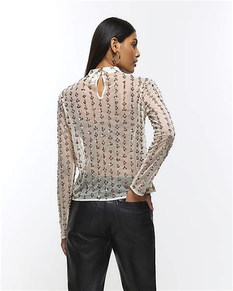 Cream Mesh Floral Sequin Top River Island