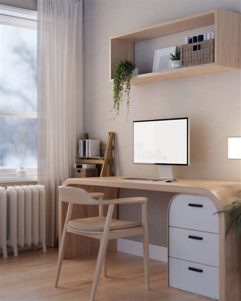 Een Prachtige Scandinavische Werkruimte Met Een Lege Desktop Pc Op