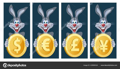 Funny Rabbit Holds Symbols Different Currencies Dollar Euro Yen Pound