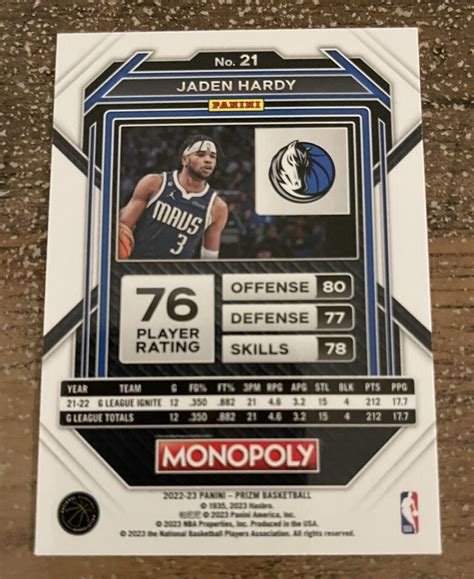 2022 23 Panini Monopoly PRIZM 21 Jaden Hardy RC Rookie Mavs Base EBay