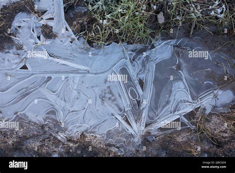 Abstract Ice Patterns In Frozen Water Puddles View From Above Stock