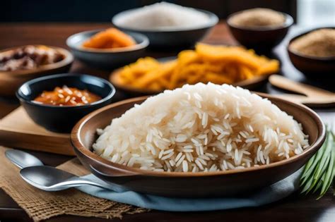 Premium AI Image | A table with bowls of rice, rice, and other dishes