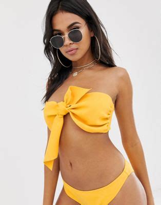 Asos Design Neoprene Bow Front Bandeau Bikini Top In Golden Yellow Asos