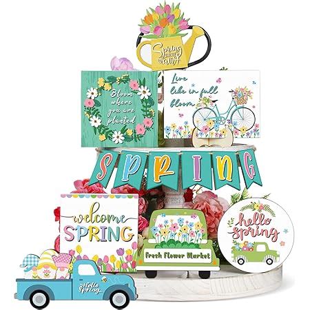 Amazon 13 Pcs Spring Tiered Tray Decor Tulips Wooden Table Sign