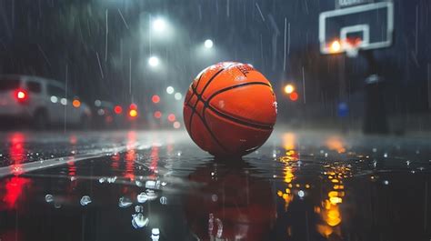 A Basketball Ball In The Rain With A Street Light In The Background