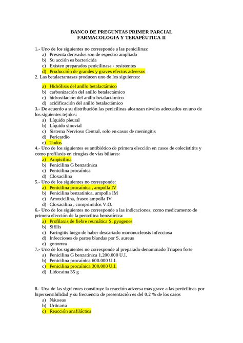 BANCO DE PREGUNTAS Y RESPUESTAS FARMACOLOGIA Exámenes de Farmacología