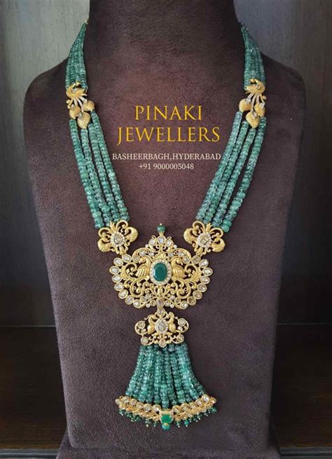 Emerald Beads Necklace With Peacock Pendant Indian Jewellery Designs