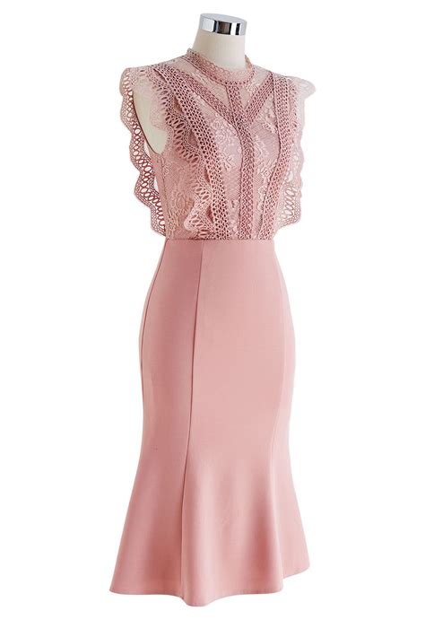 Crochet Lace Spliced Sleeveless Mermaid Dress In Pink Retro Indie