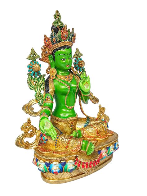 Green Tara Buddhist Handmade Statue Partly Gold Plated Stone Setting