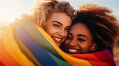 Premium Ai Image Happy Multiethnic Lesbian Couple Hugging With Rainbow Flag On The Beach