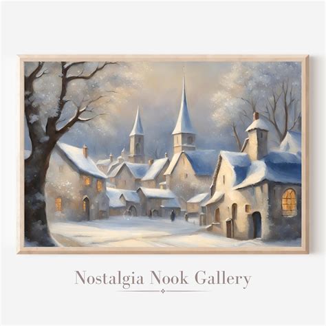 Vintage Winter Village Painting, Winter Scenes, Snowy Town Painting ...