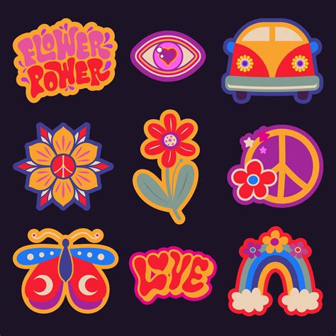 Groovy Hippie Stickers Set 38188074 Vector Art At Vecteezy