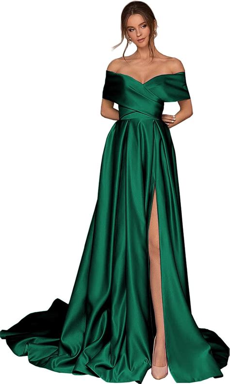 Womens Off The Shoulder Prom Dresses With Slit Long Satin A Line Formal Evening Gowns With