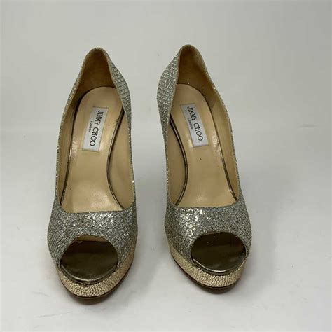 Jimmy Choo Crown Gold Glitter Sparkle Peep Toe Platfo Gem