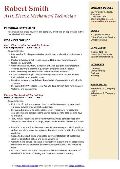 Electro Mechanical Technician Resume Samples | QwikResume