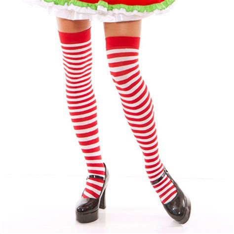 Red White Horizontal Striped Thigh High Stockings Candy Cane Elf