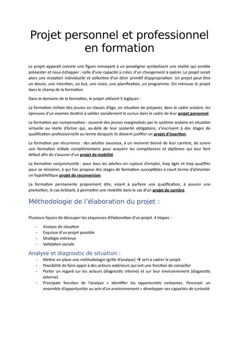 Projet Personnel Et Professionnel En Formation Projet Personnel Et