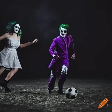 The Joker And A Woman Playing Soccer In A Spooky Setting