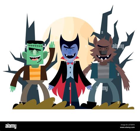 Halloween Frankenstein Vampire And Werewolf Cartoons Design Holiday