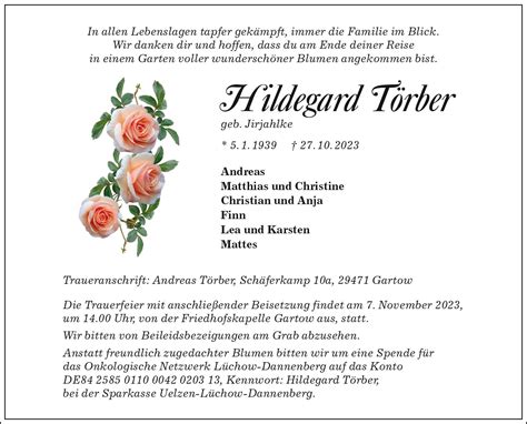 Das Trauerportal F R L Chow Dannenberg Todesanzeigen Hildegard T Rber