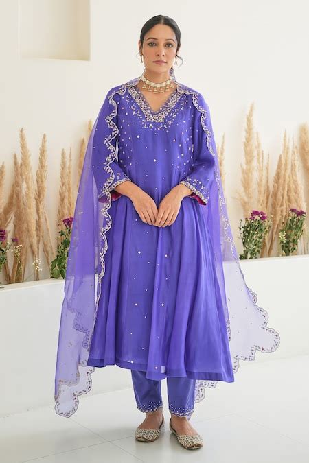 Buy Purple Silk Embroidery Sequins V Neck Feeha Anarkali Pant Set For