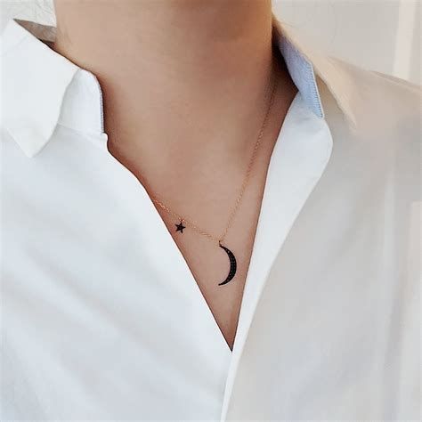 14k Solid Gold Crescent Moon Star Necklace Minimalist Celestial Necklace Dainty Moon Star