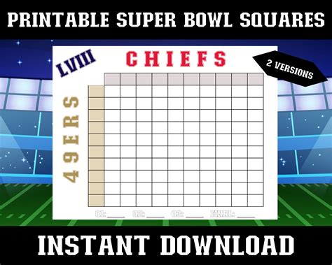 Printable Super Bowl Squares Game Super Bowl 2024 Predictions Super