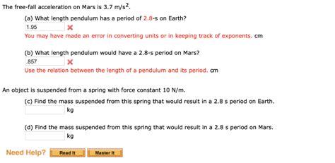 Solved The Free Fall Acceleration On Mars Is 3 7 M S2 A