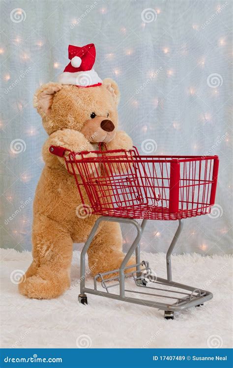 Christmas Teddy Bear Pushing Shopping Cart Stock Image Image Of