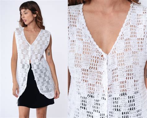 White Crochet Vest Top 90s SHEER Shirt Bohemian Open Weave Blouse Cut