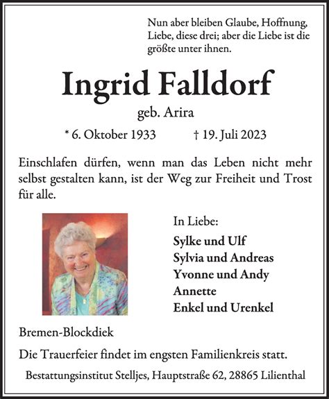 Traueranzeigen Von Ingrid Falldorf Trauer Gedenken