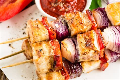 Shish Taouk Chicken Shish Kebab On White Platter Stock Photo Image