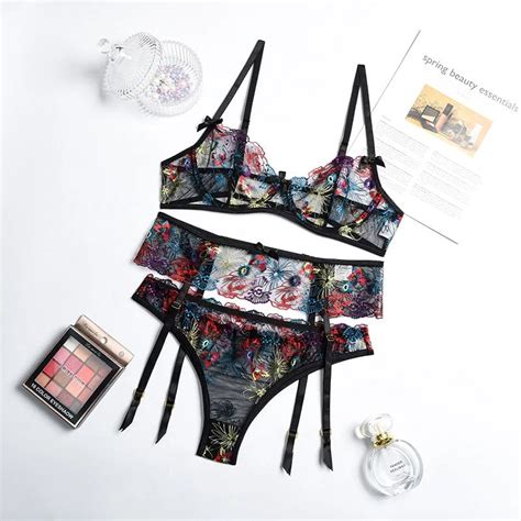 Yimunancy 3 Piece Lace Bra Set Lady Flower Embroidery Bra Panty Set Womens Sexy Underwear Set