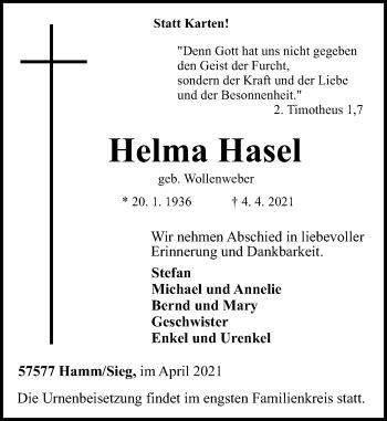 Traueranzeigen Von Helma Hasel Rz Trauer De