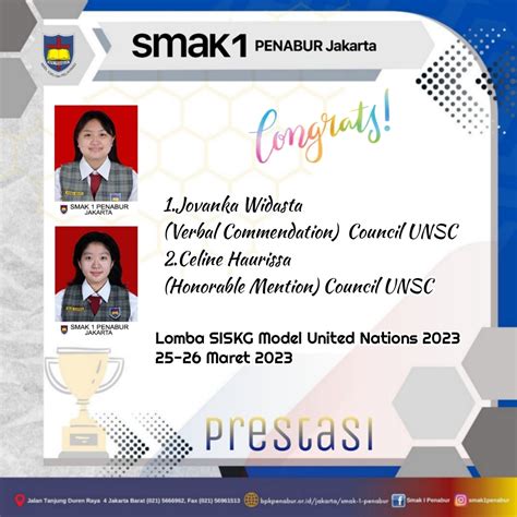 Prestasi Peserta Didik SMAK 1 PENABUR Pada Lomba SISKG Model United