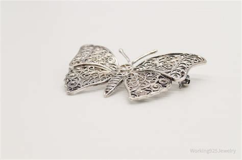 Large Antique Filigree Butterfly Sterling Silver Broo Gem