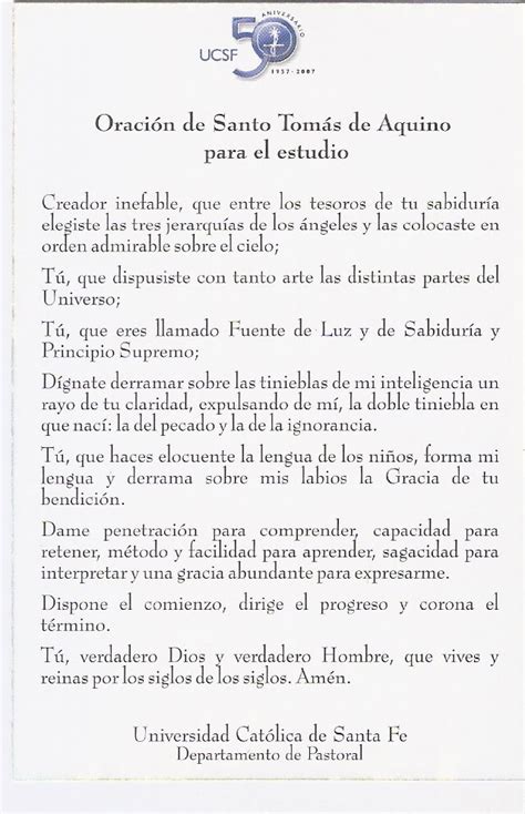 Dirección De Pastoral Oración De Santo Tomás De Aquino Para El Estudio