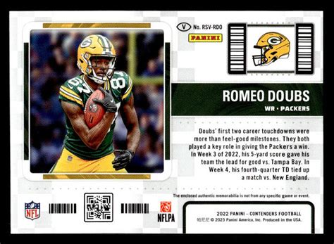 2022 Panini Contenders Romeo Doubs Rookie Season Ticket Swatch