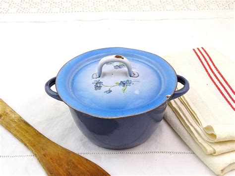 Small Vintage French Blue Chippy Enamel Pan With Side Handles Lid