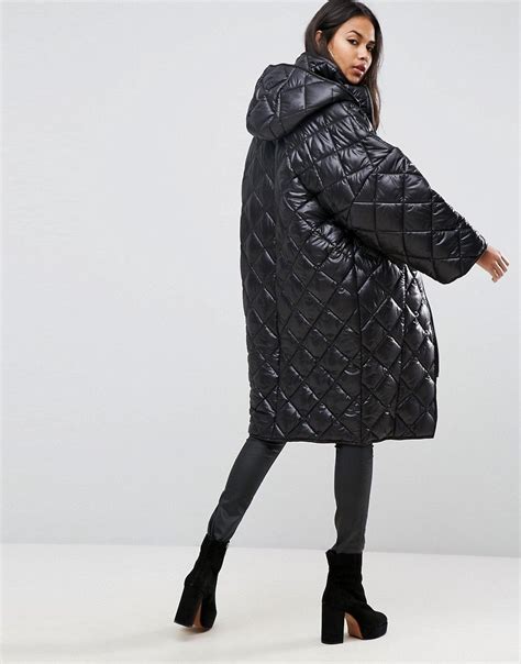 Asos Puffer Coat In Diamond Quilt Black