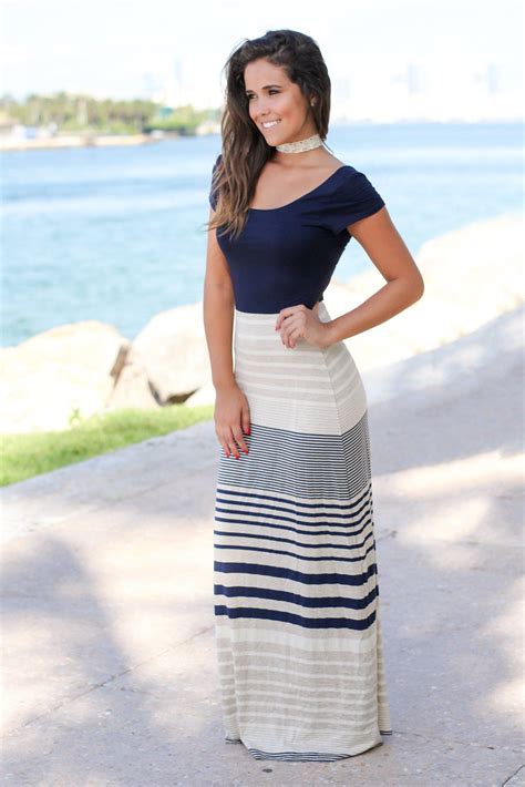 Navy Striped Maxi Dress With Short Sleeves Maxi Dresses Saved By