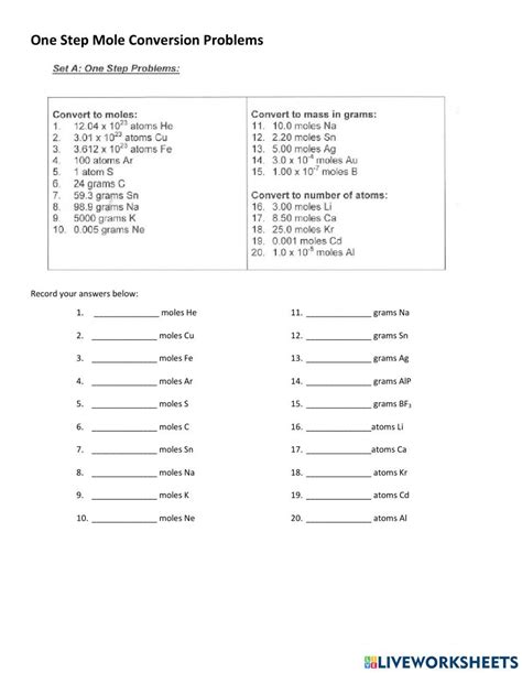 Mole Conversions One Step Worksheet Live Worksheets Worksheets