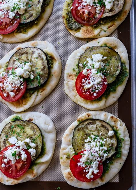 Roasted Eggplant Tomato And Pesto Mini Naan Kitchen Confidante