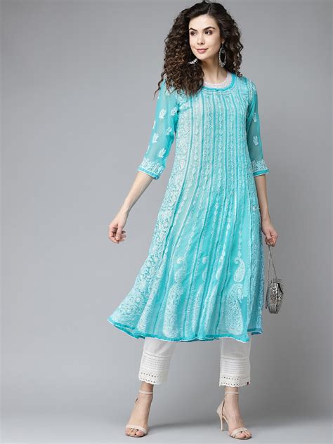 Buy Ada Women Blue And White Ethnic Motifs Chikankari Embroidered