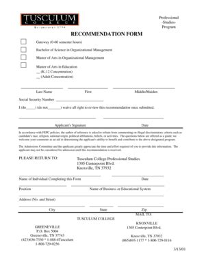 Fillable Online Tusculum RECOMMENDATION FORM Tusculum College